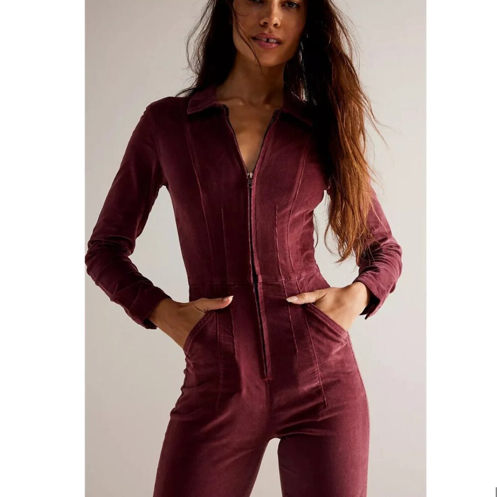 Free People Jayde Corduroy Flare Jumpsuit - Wine/Burgundy - Size M